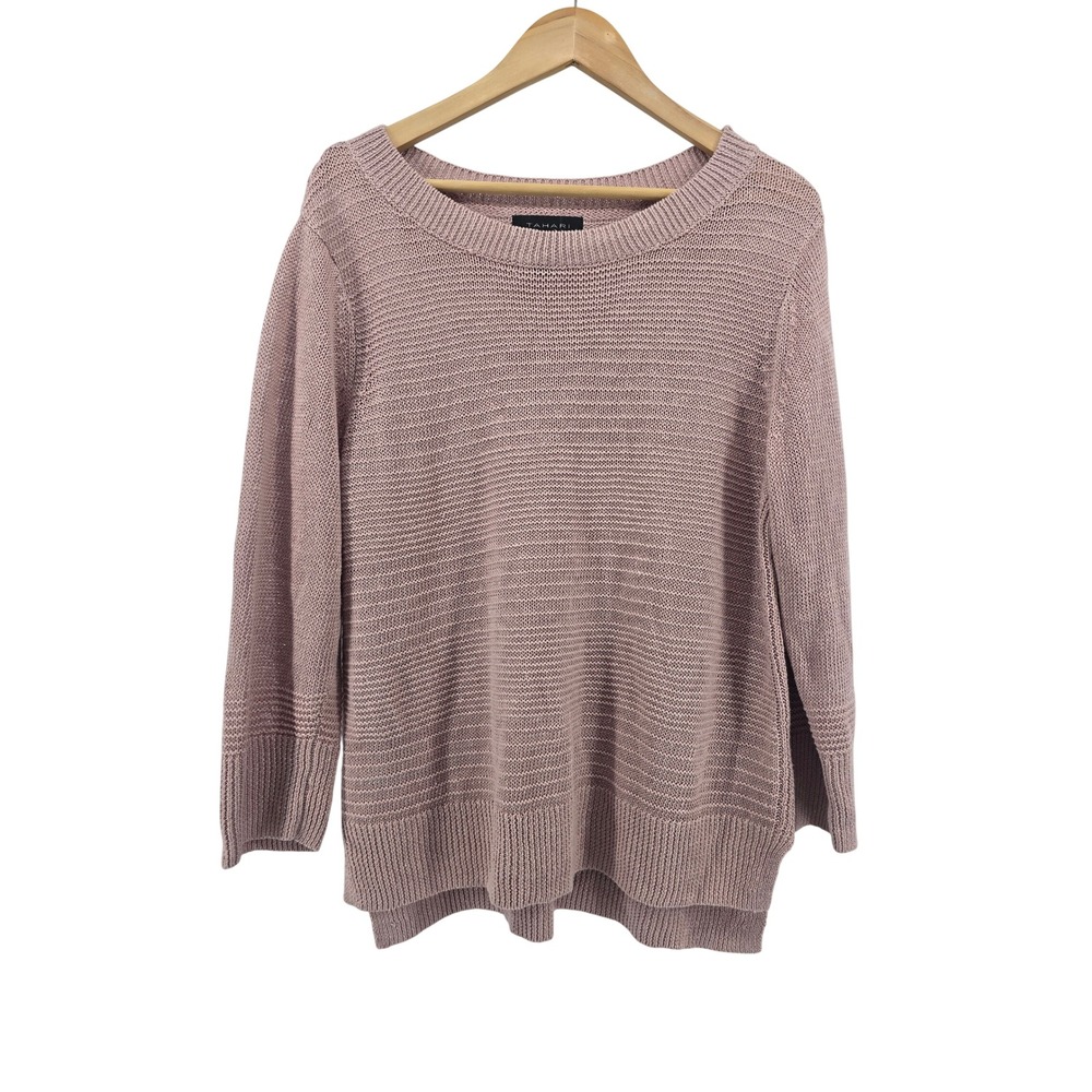 Tahari Linen Sweater Womens XL Pink 3/4 Sleeve Textured Knit EUC